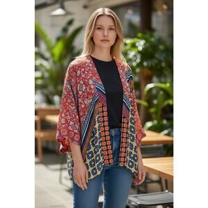 NWT One Hundred Stars Short Kimono Patchwork Oriental Floral Boho One Size New